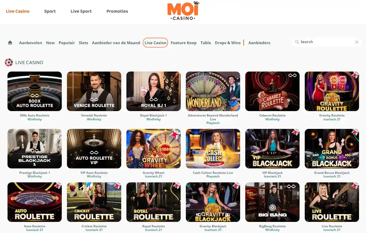 Actuele MOI Casino live-casinolobby met live dealer categorieën