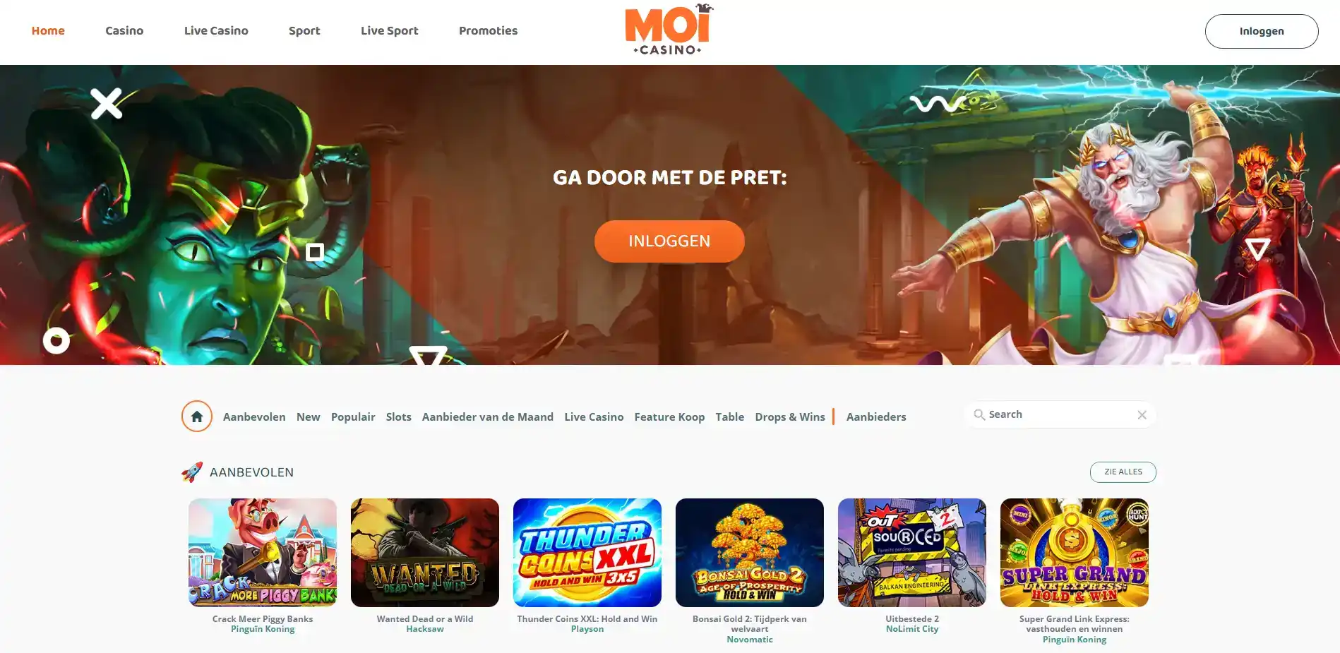 Actuele MOI Casino homepage en casinonavigatie